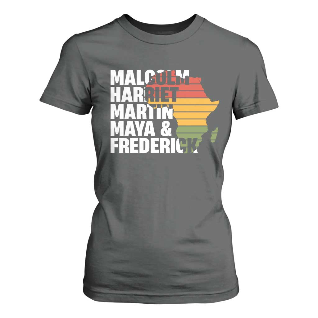 Black History Leaders T Shirt For Women Malcolm Harriet Martin Maya Frederick Africa Map TS11 Dark Heather Print Your Wear