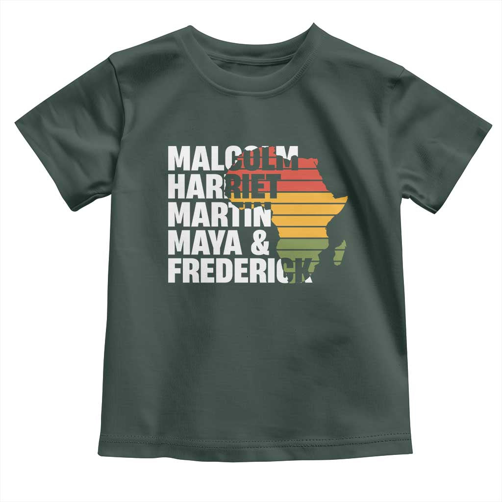 Black History Leaders Toddler T Shirt Malcolm Harriet Martin Maya Frederick Africa Map TS11 Dark Forest Green Print Your Wear