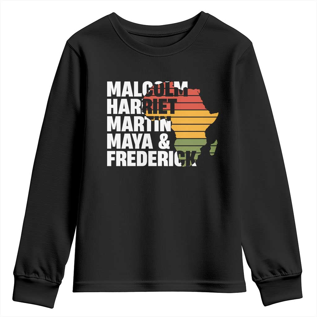 Black History Leaders Youth Sweatshirt Malcolm Harriet Martin Maya Frederick Africa Map TS11 Black Print Your Wear