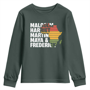 Black History Leaders Youth Sweatshirt Malcolm Harriet Martin Maya Frederick Africa Map TS11 Dark Forest Green Print Your Wear
