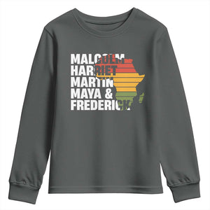 Black History Leaders Youth Sweatshirt Malcolm Harriet Martin Maya Frederick Africa Map TS11 Dark Heather Print Your Wear