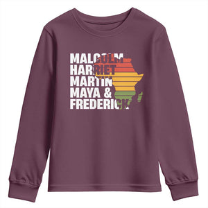 Black History Leaders Youth Sweatshirt Malcolm Harriet Martin Maya Frederick Africa Map TS11 Maroon Print Your Wear