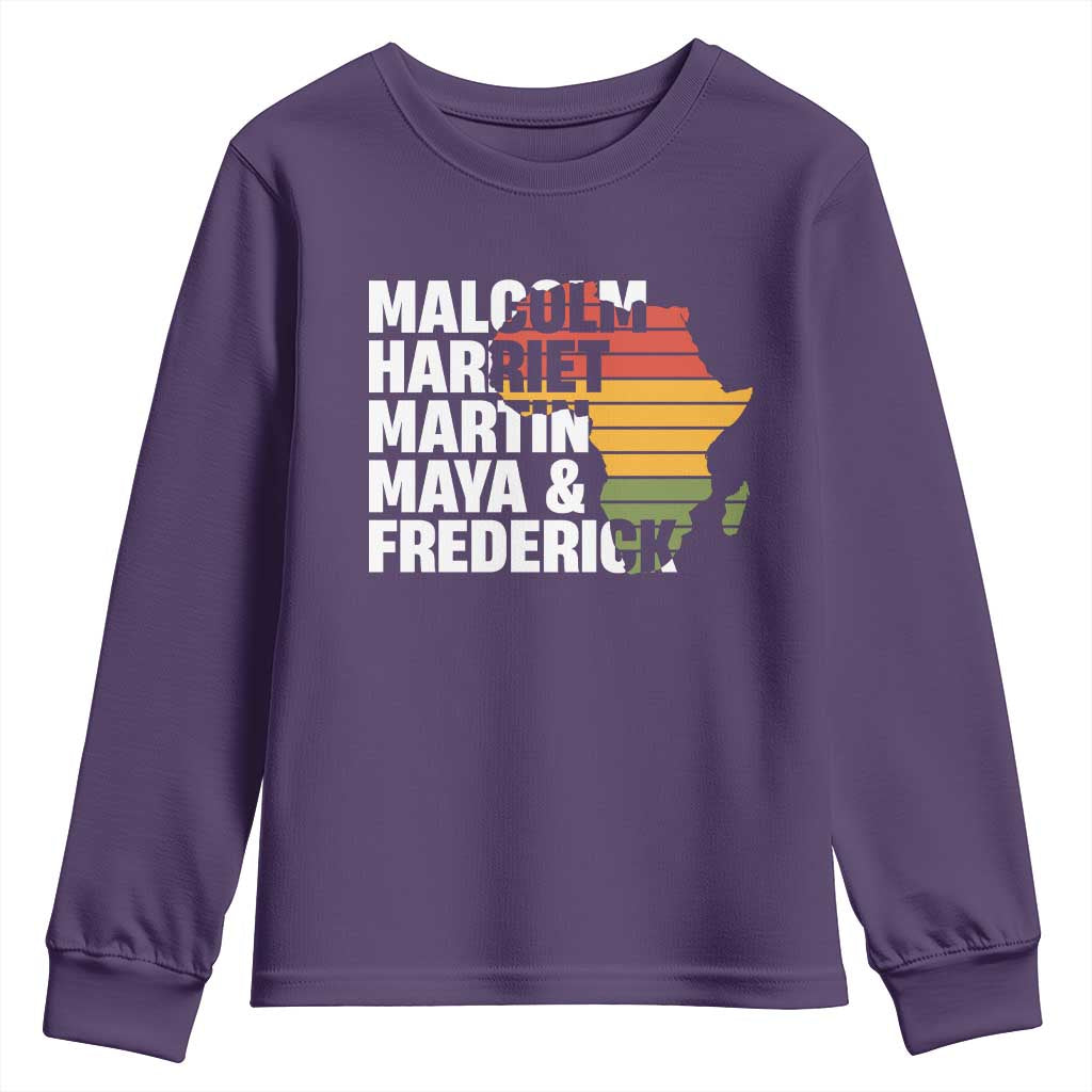 Black History Leaders Youth Sweatshirt Malcolm Harriet Martin Maya Frederick Africa Map TS11 Purple Print Your Wear