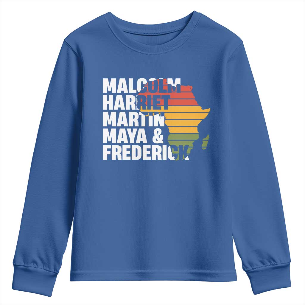 Black History Leaders Youth Sweatshirt Malcolm Harriet Martin Maya Frederick Africa Map TS11 Royal Blue Print Your Wear