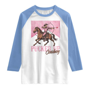 Funny Valentine's Day Western Cowboy Raglan Shirt Pucker Up Cowboy Cupid TS11 White Carolina Blue Print Your Wear