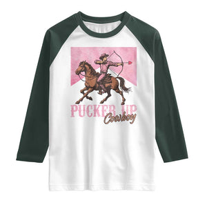 Funny Valentine's Day Western Cowboy Raglan Shirt Pucker Up Cowboy Cupid TS11 White Dark Forest Green Print Your Wear