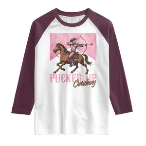 Funny Valentine's Day Western Cowboy Raglan Shirt Pucker Up Cowboy Cupid TS11 White Maroon Print Your Wear