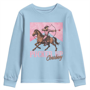 Funny Valentine's Day Western Cowboy Youth Sweatshirt Pucker Up Cowboy Cupid TS11 Light Blue Print Your Wear