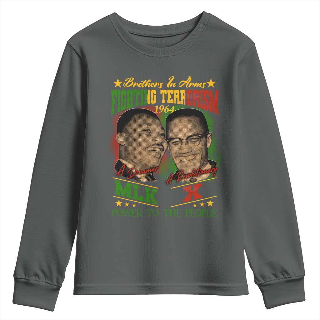 Martin Luther King And Malcolm X Youth Sweatshirt Brothers In Arms Fighting Terrorism 1964 Black History TS11 Dark Heather Print Your Wear