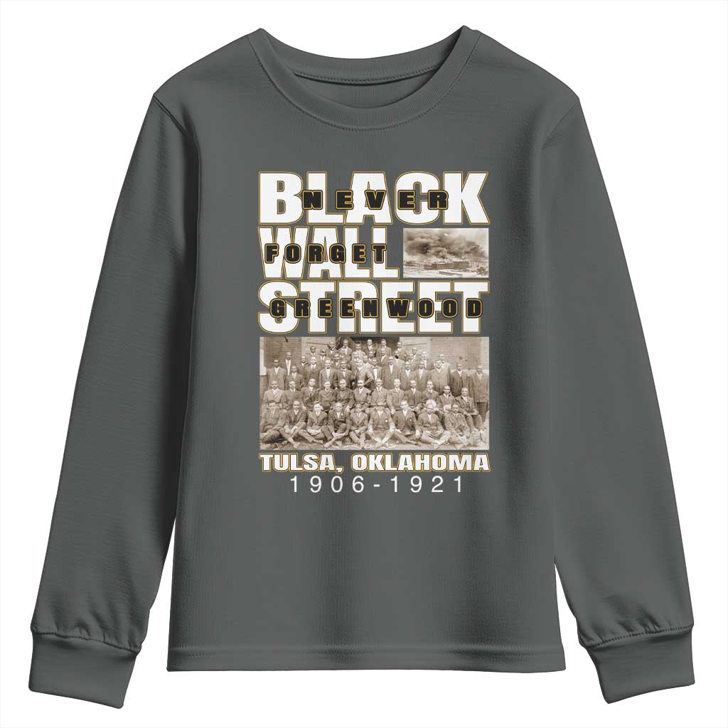 Never Forget Greenwood Black Wall Street Youth Sweatshirt Black History Month TS11 Dark Heather Print Your Wear