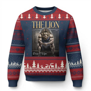 Funny The Lion Doesnt Wipe Ugly Christmas Sweater Gen Z Joke Brainrot Raunchy Meme TS11 Navy Red Print Your Wear