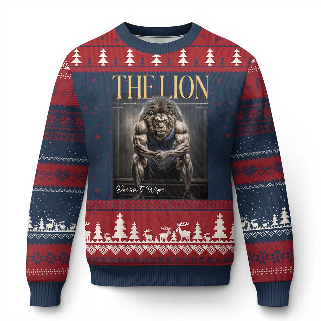 Funny The Lion Doesnt Wipe Ugly Christmas Sweater Gen Z Joke Brainrot Raunchy Meme TS11 Navy Red Print Your Wear