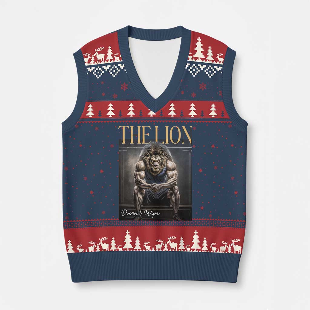 Funny The Lion Doesnt Wipe V-Neck Knit Sweater Vest Gen Z Joke Brainrot Raunchy Meme TS11 Navy Red Print Your Wear