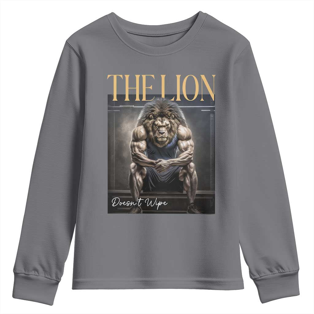Funny The Lion Doesnt Wipe Youth Sweatshirt Gen Z Joke Brainrot Raunchy Meme TS11 Charcoal Print Your Wear