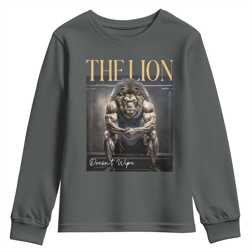 Funny The Lion Doesnt Wipe Youth Sweatshirt Gen Z Joke Brainrot Raunchy Meme TS11 Dark Heather Print Your Wear