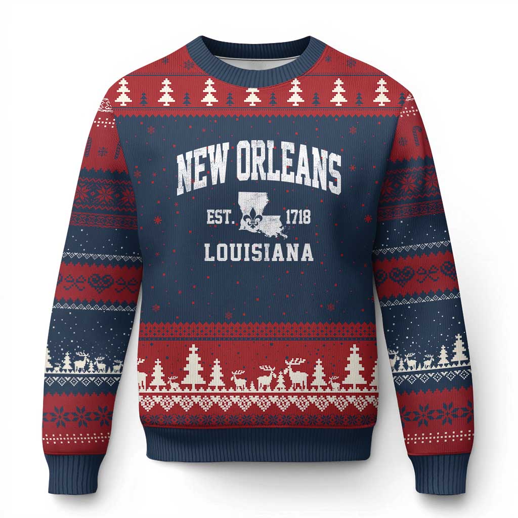 New Orleans Louisiana LA Est 1718 Ugly Christmas Sweater TS11 Navy Red Print Your Wear