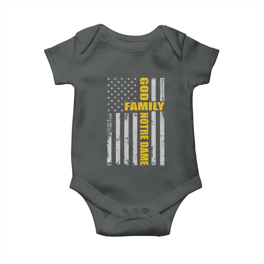 God Family Notre Dame Baby Onesie Irish Patriotic American Flag TS11 Dark Heather Print Your Wear