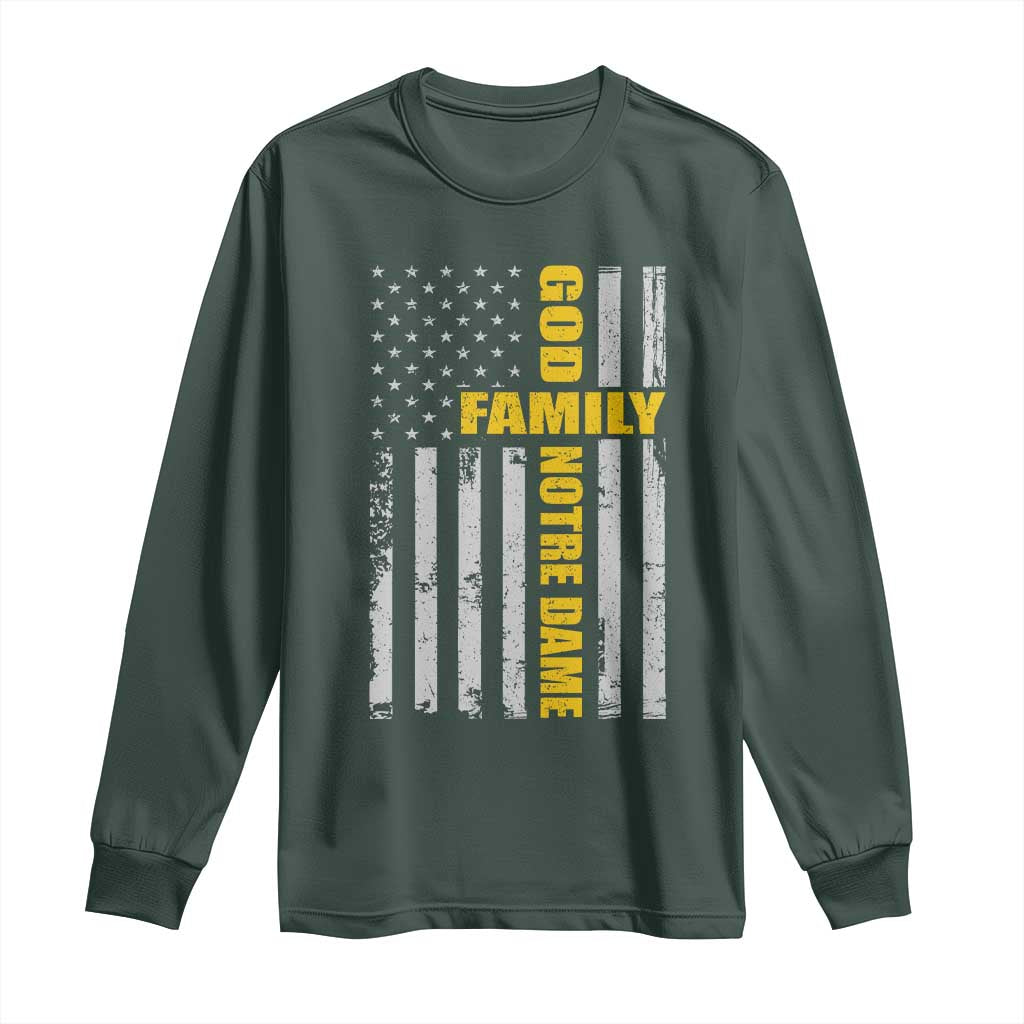 God Family Notre Dame Long Sleeve Shirt Irish Patriotic American Flag TS11 Dark Forest Green Print Your Wear