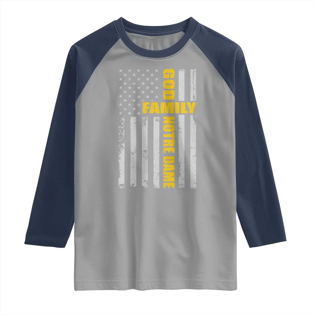 God Family Notre Dame Raglan Shirt Irish Patriotic American Flag TS11 Sport Gray Navy Print Your Wear