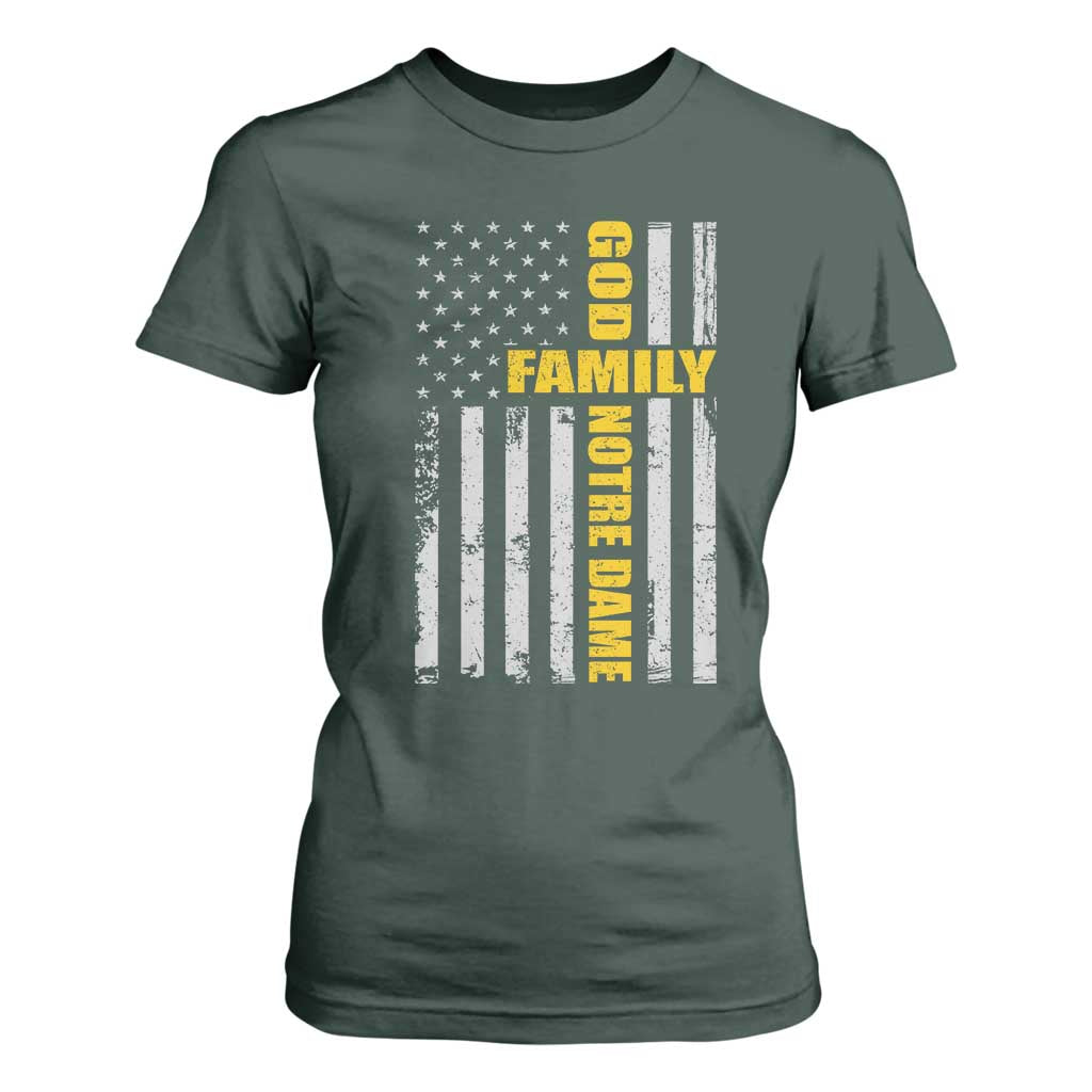 God Family Notre Dame T Shirt For Women Irish Patriotic American Flag TS11 Dark Forest Green Print Your Wear