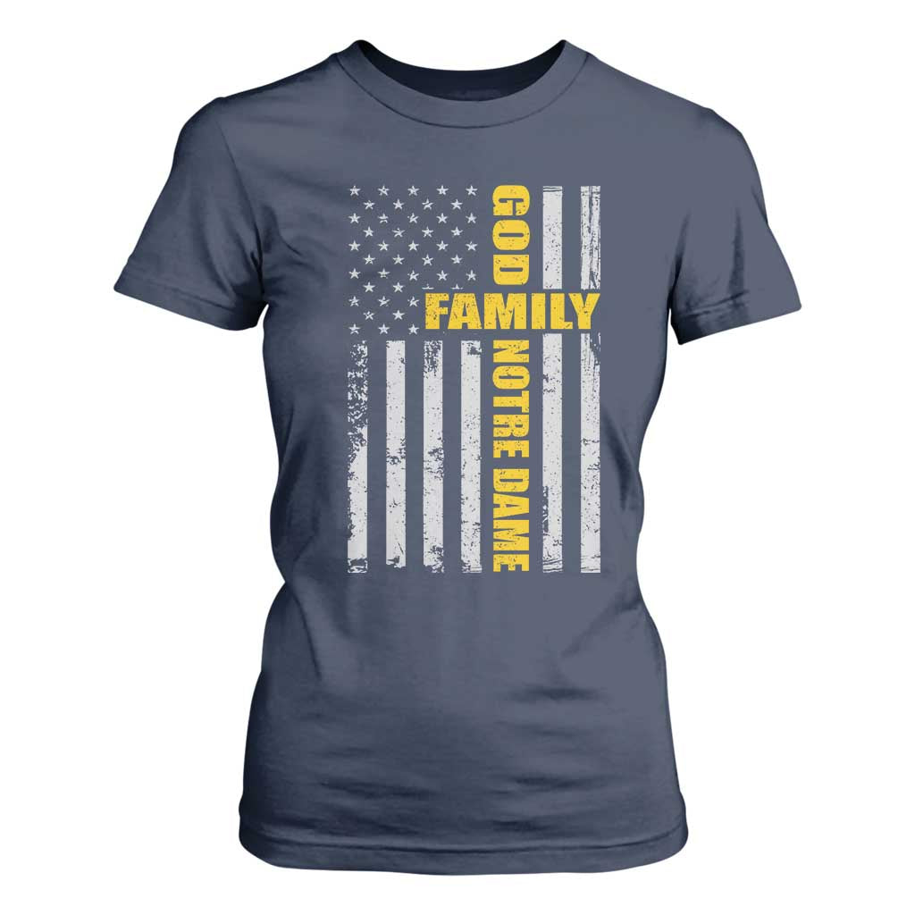 God Family Notre Dame T Shirt For Women Irish Patriotic American Flag TS11 Navy Print Your Wear