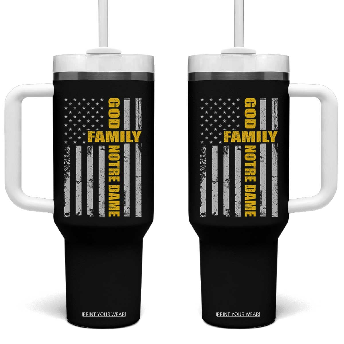 God Family Notre Dame Tumbler With Handle Irish Patriotic American Flag TS11 One Size: 40 oz Black Print Your Wear