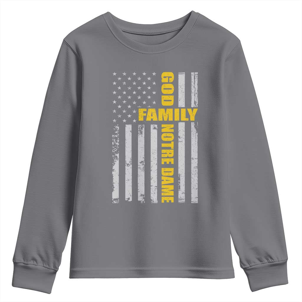 God Family Notre Dame Youth Sweatshirt Irish Patriotic American Flag TS11 Charcoal Print Your Wear