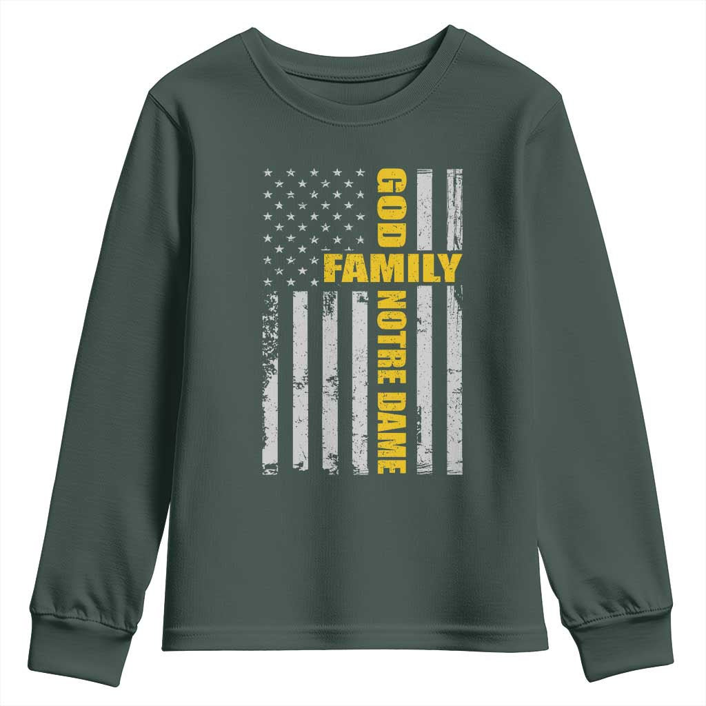 God Family Notre Dame Youth Sweatshirt Irish Patriotic American Flag TS11 Dark Forest Green Print Your Wear