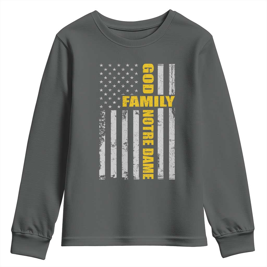 God Family Notre Dame Youth Sweatshirt Irish Patriotic American Flag TS11 Dark Heather Print Your Wear