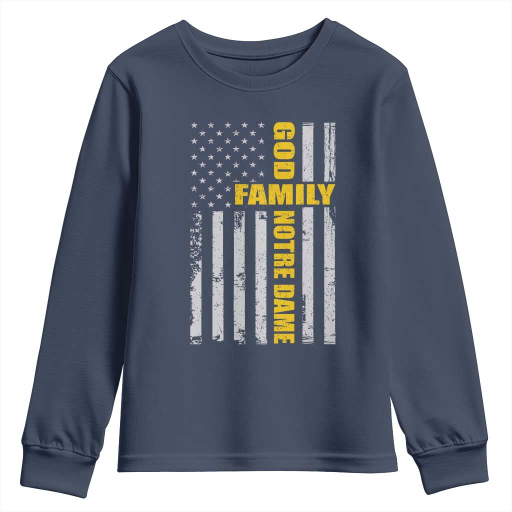 God Family Notre Dame Youth Sweatshirt Irish Patriotic American Flag TS11 Navy Print Your Wear