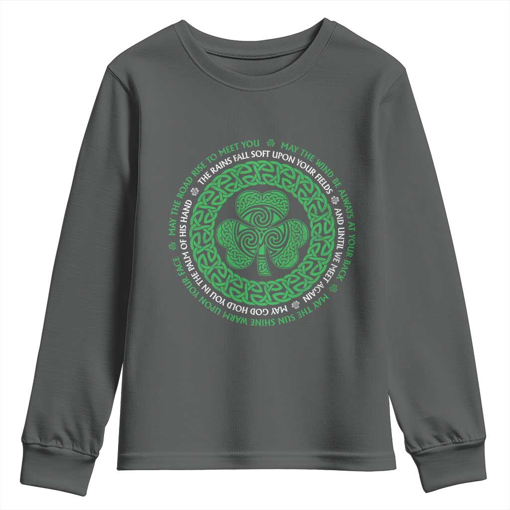 Irish Blessing May The Road Rise To Meet You Youth Sweatshirt Celtic Knot Shamrock TS11 Dark Heather Print Your Wear