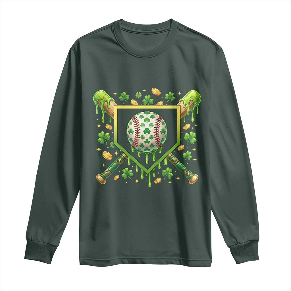 St Patricks Day Baseball Ice Cream Drip Home Plate Long Sleeve Shirt TS11 Dark Forest Green Print Your Wear