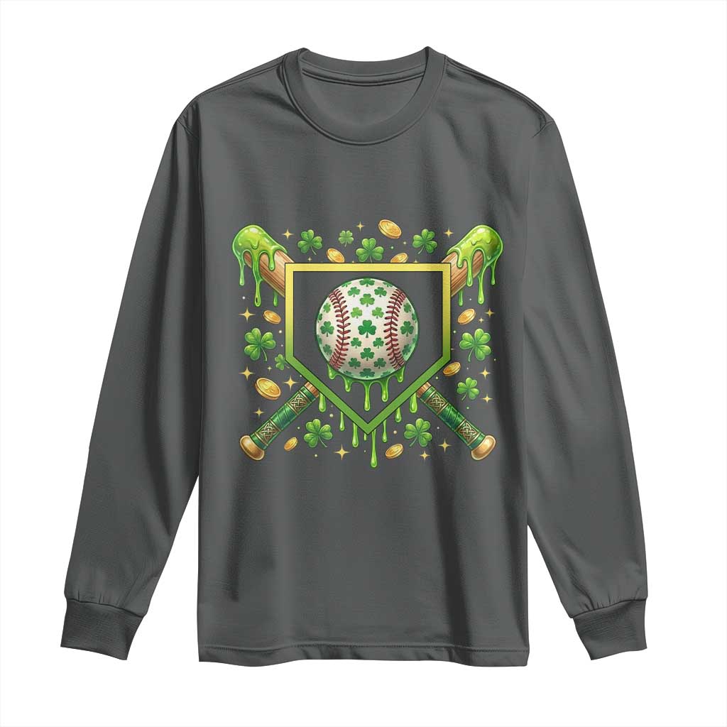 St Patricks Day Baseball Ice Cream Drip Home Plate Long Sleeve Shirt TS11 Dark Heather Print Your Wear