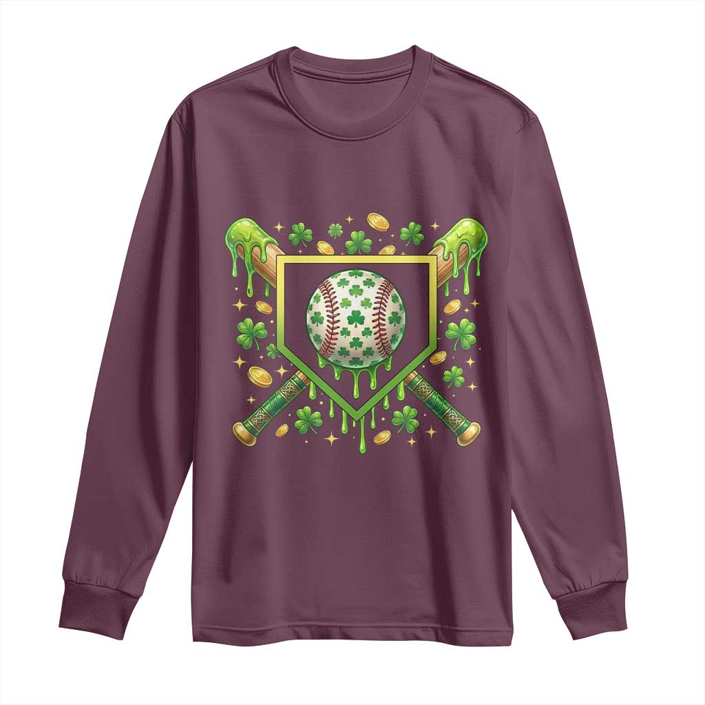 St Patricks Day Baseball Ice Cream Drip Home Plate Long Sleeve Shirt TS11 Maroon Print Your Wear