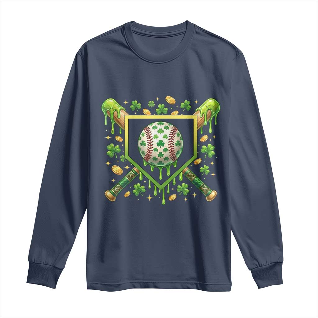 St Patricks Day Baseball Ice Cream Drip Home Plate Long Sleeve Shirt TS11 Navy Print Your Wear