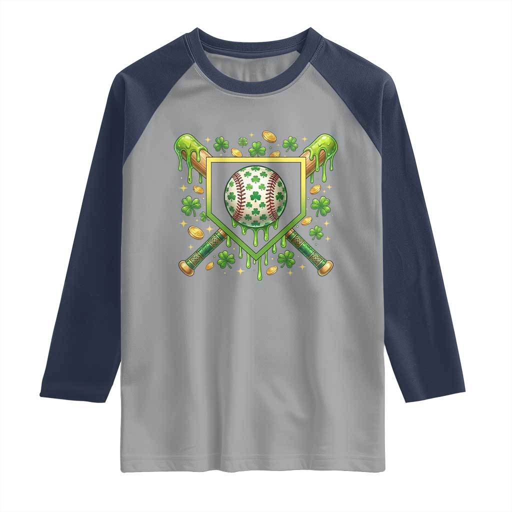 St Patricks Day Baseball Ice Cream Drip Home Plate Raglan Shirt TS11 Sport Gray Navy Print Your Wear