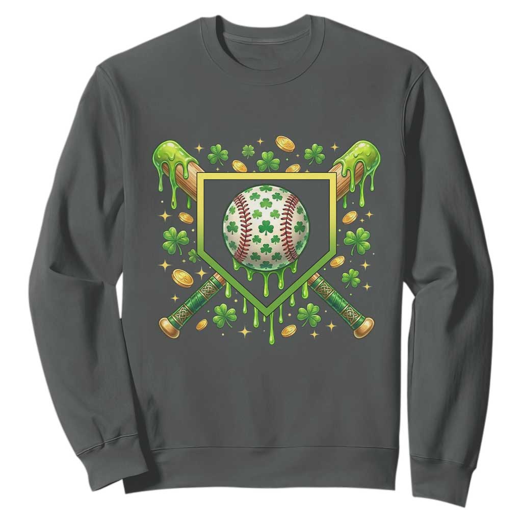 St Patricks Day Baseball Ice Cream Drip Home Plate Sweatshirt TS11 Dark Heather Print Your Wear