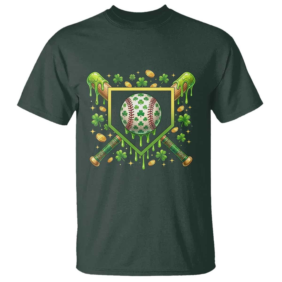 St Patricks Day Baseball Ice Cream Drip Home Plate T Shirt TS11 Dark Forest Green Print Your Wear