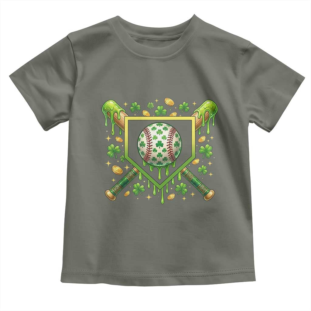 St Patricks Day Baseball Ice Cream Drip Home Plate Toddler T Shirt TS11 Military Green Print Your Wear