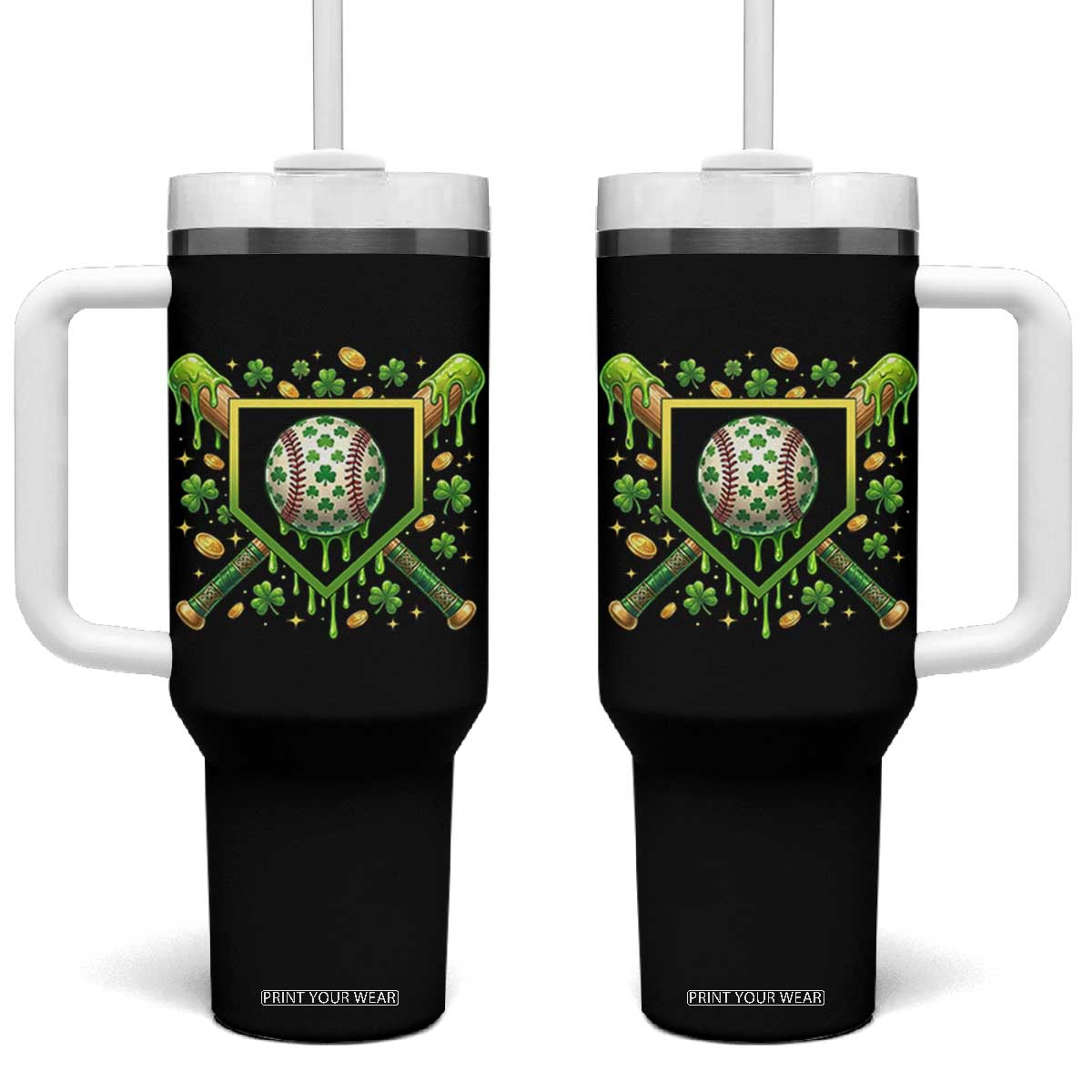 St Patricks Day Baseball Ice Cream Drip Home Plate Tumbler With Handle TS11 One Size: 40 oz Black Print Your Wear