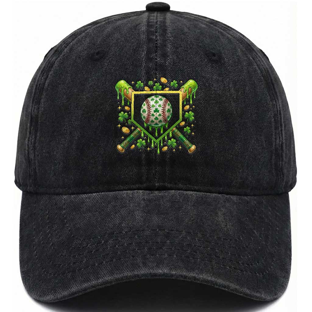 St Patricks Day Baseball Ice Cream Drip Home Plate Washed Cotton Baseball Cap TS11 Washed Cap Universal Fit Black Print Your Wear