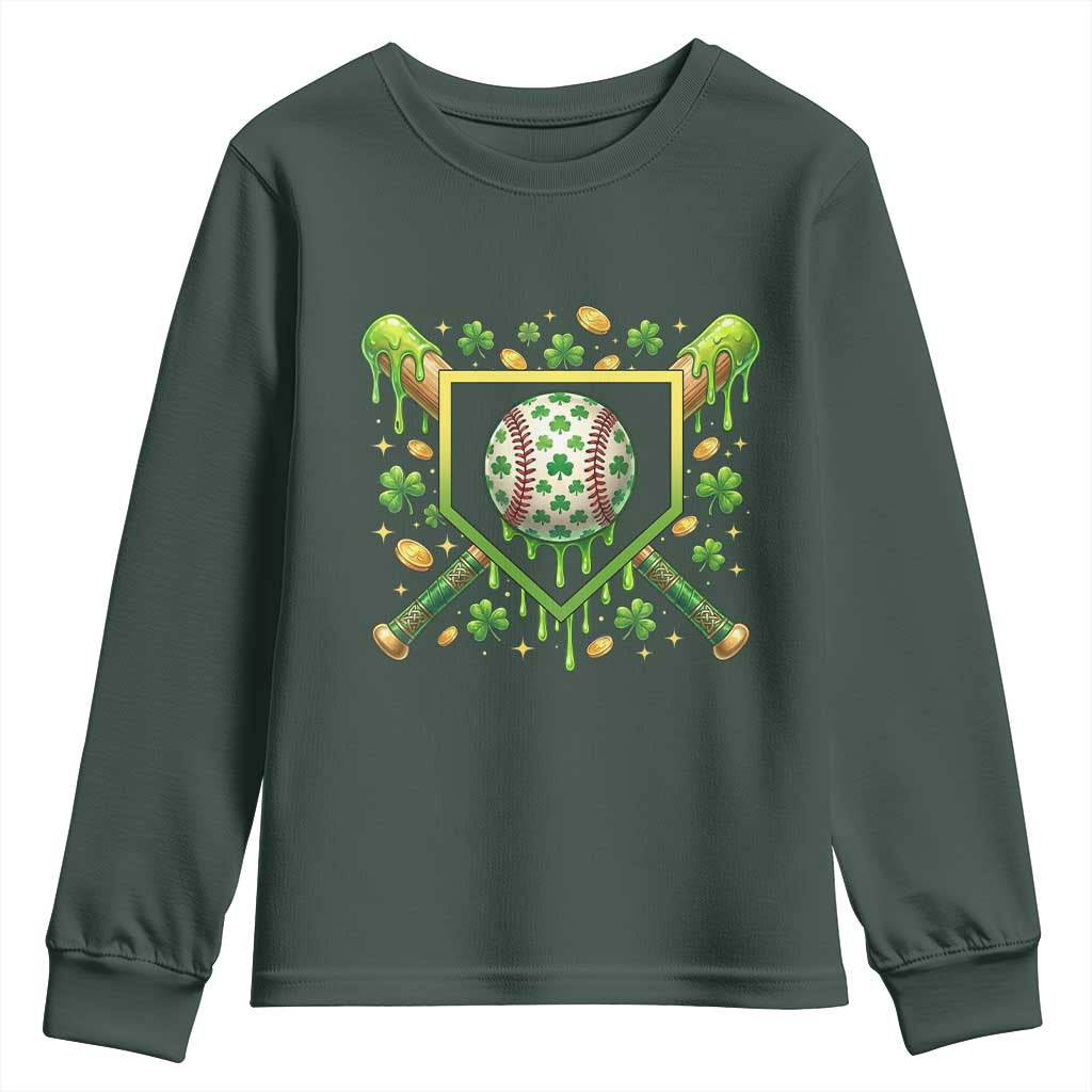 St Patricks Day Baseball Ice Cream Drip Home Plate Youth Sweatshirt TS11 Dark Forest Green Print Your Wear