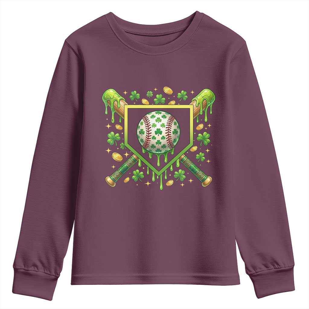 St Patricks Day Baseball Ice Cream Drip Home Plate Youth Sweatshirt TS11 Maroon Print Your Wear