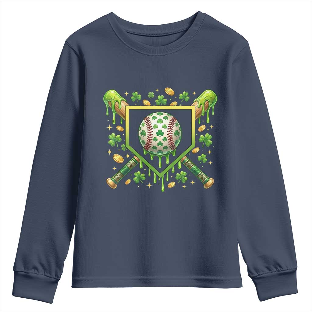 St Patricks Day Baseball Ice Cream Drip Home Plate Youth Sweatshirt TS11 Navy Print Your Wear