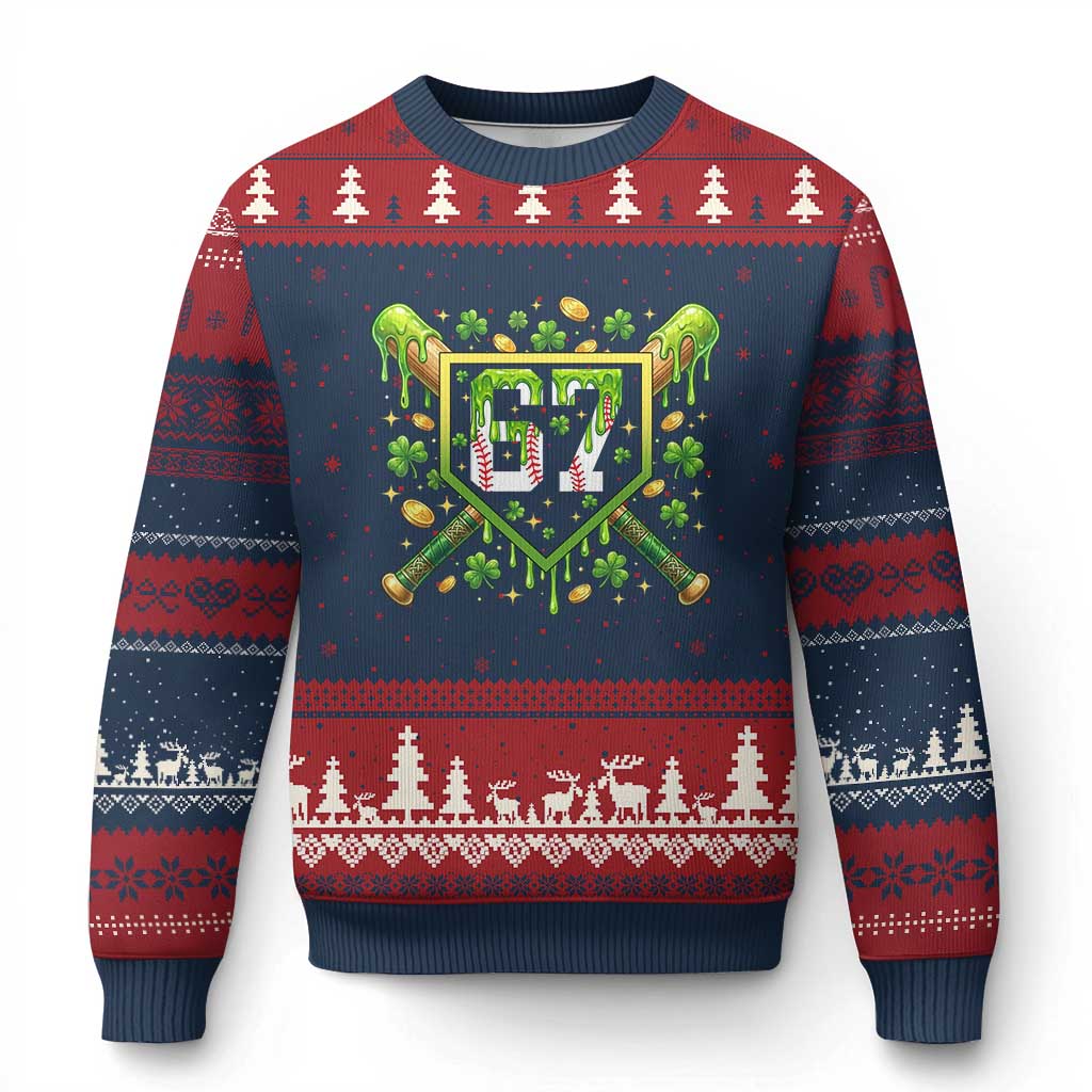 Funny St Patricks Day 67 Six Seven Baseball Ice Cream Drip Ugly Christmas Sweater TS11 Navy Red Print Your Wear