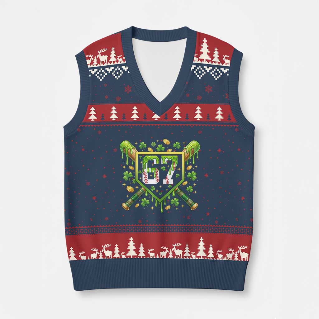 Funny St Patricks Day 67 Six Seven Baseball Ice Cream Drip V-Neck Knit Sweater Vest TS11 Navy Red Print Your Wear