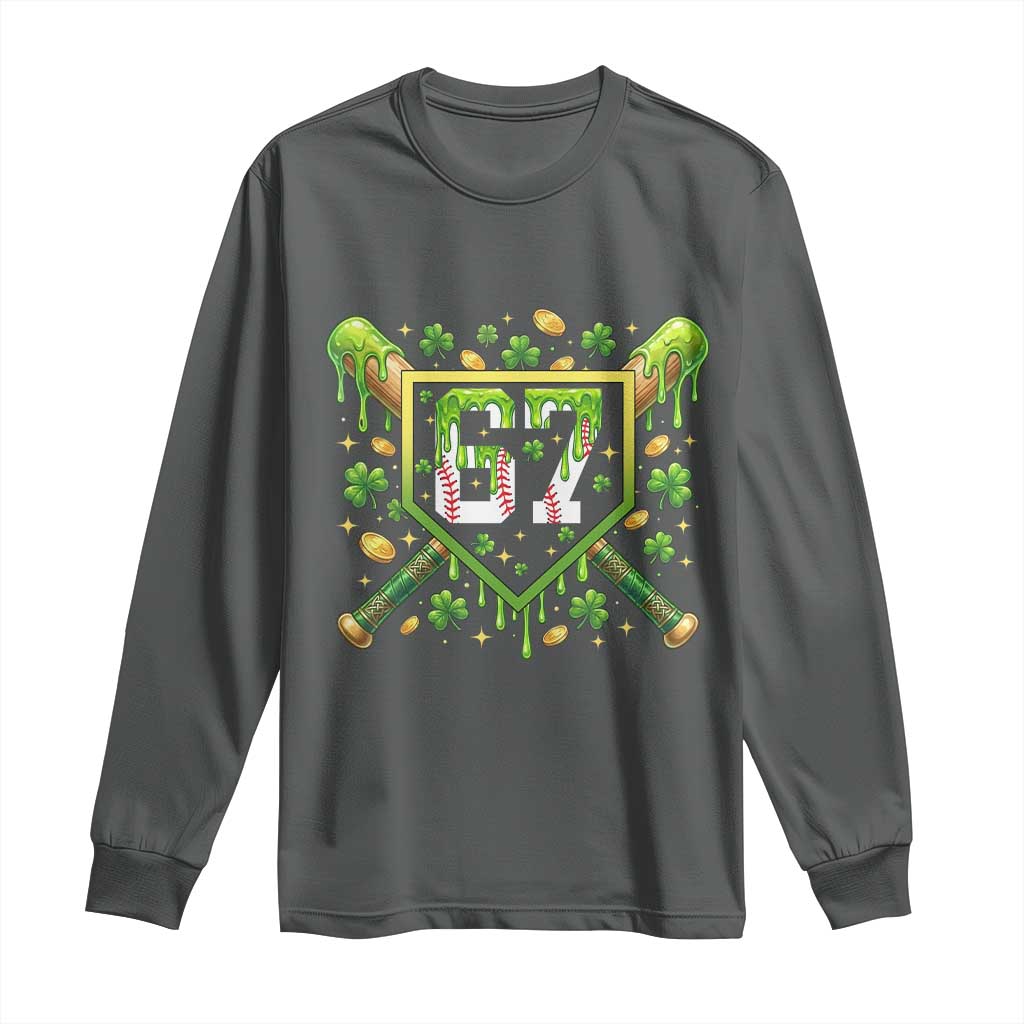 Funny St Patricks Day 67 Six Seven Baseball Ice Cream Drip Long Sleeve Shirt TS11 Dark Heather Print Your Wear