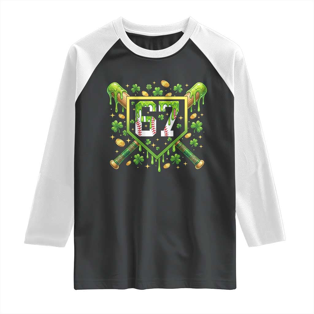 Funny St Patricks Day 67 Six Seven Baseball Ice Cream Drip Raglan Shirt TS11 Black White Print Your Wear