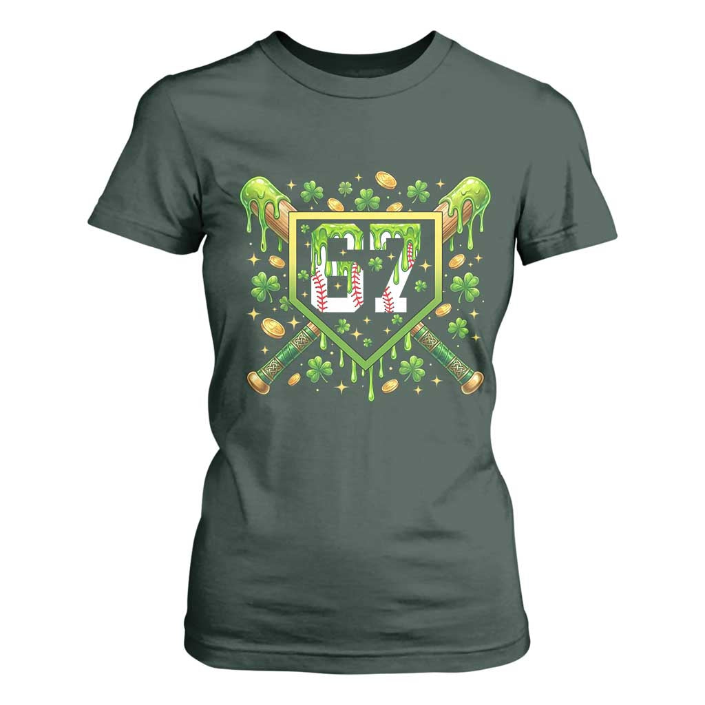 Funny St Patricks Day 67 Six Seven Baseball Ice Cream Drip T Shirt For Women TS11 Dark Forest Green Print Your Wear