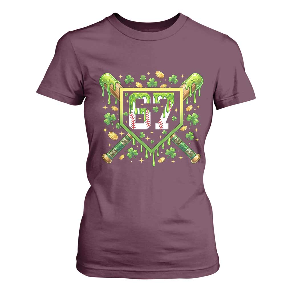 Funny St Patricks Day 67 Six Seven Baseball Ice Cream Drip T Shirt For Women TS11 Maroon Print Your Wear
